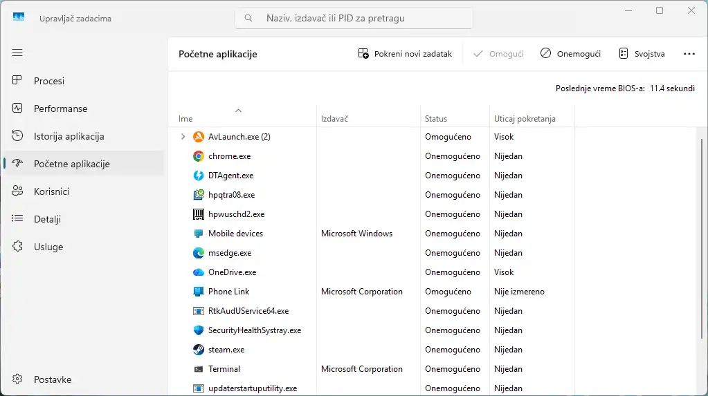 Prikaz Task Manager prozora u Windowsu 11 sa listom startup programa za optimizaciju računara
